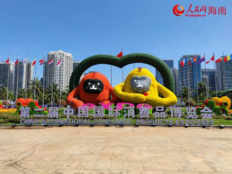 吉祥物海南長臂猿“元元”“宵宵”再次以可愛的形象出現(xiàn)在消博會現(xiàn)場。人民網(wǎng) 劉瀚濤攝