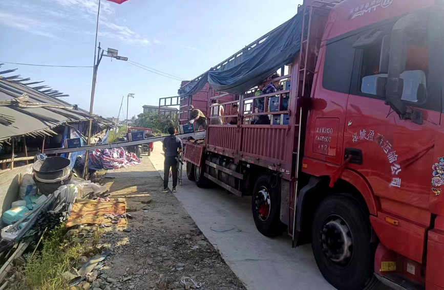 果農們正搶抓時間將剛剛采摘的新鮮西瓜進行打包、裝車，發往全國各地。陳小芳攝