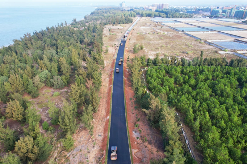 海南環島旅游公路東方段路面瀝青攤鋪施工現場。 海南省交通投資控股有限公司供圖
