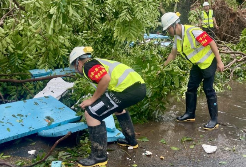 黨員先鋒隊為海南大學校內清理倒樹路障。 中建一局海南分公司供圖